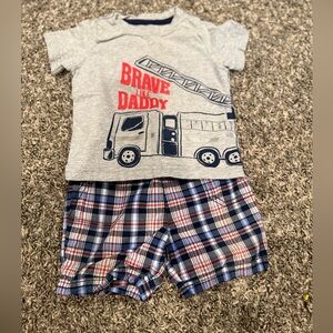Gray Fire Truck T-Shirt and Plaid Shorts Set